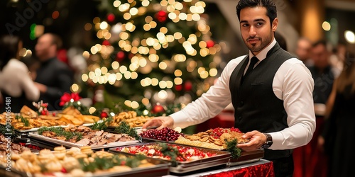  Holiday event caterer setting up buffet at corporate holiday party in lively photo.