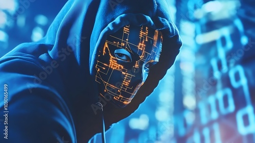 Wallpaper Mural A closeup shot of a person wearing a black ski mask with a digital overlay of binary code and hacker symbols, symbolizing the concept of digital anonymity and concealing ones identity online. Torontodigital.ca