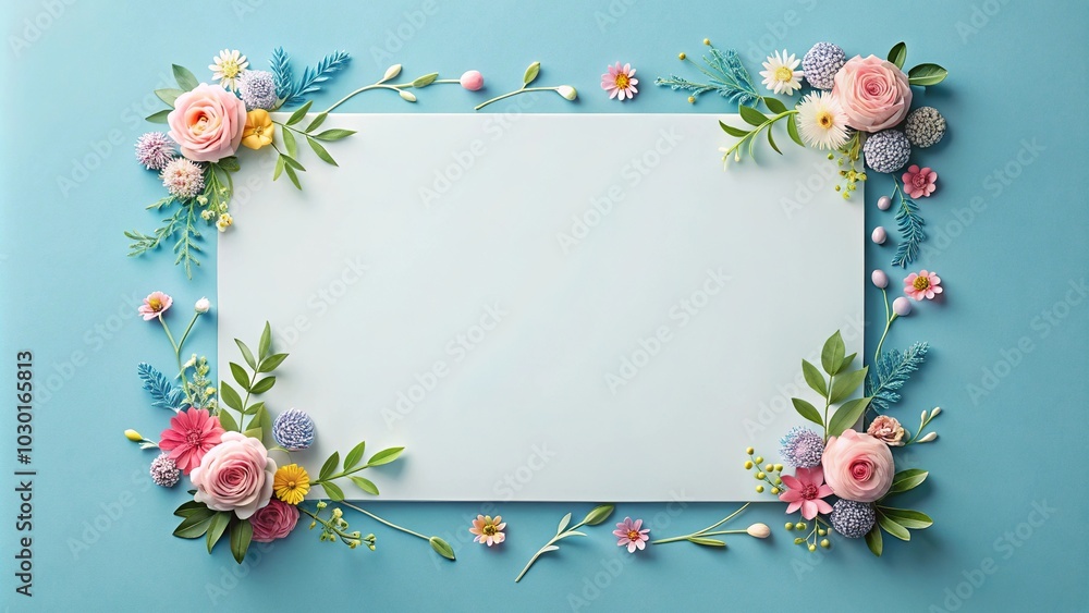 Minimalist paper with floral border on blue background Minimalist paper with floral border on blue background