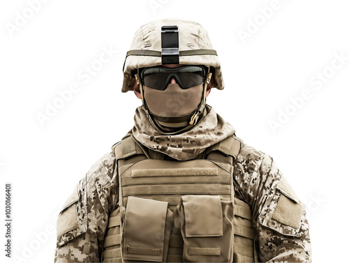 front view of a modern-day u.s. marine in desert camouflage uniform with tactical gear and combat helmet, military portrait for contemporary warfare and special operations representation
 photo