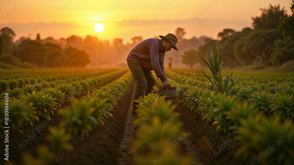 Fototapeta premium Farmers Planting Young Crops at Sunset