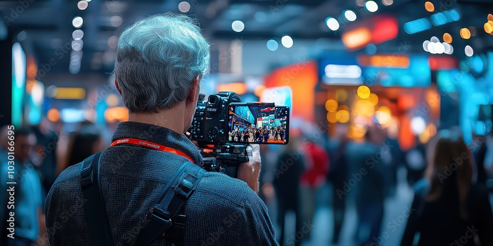 Trade show photographer capturing photos of company’s booth in large exhibition hall in business-focused scene. Trade show photographer capturing photos of company’s booth in large exhibition hall in business-focused scene.