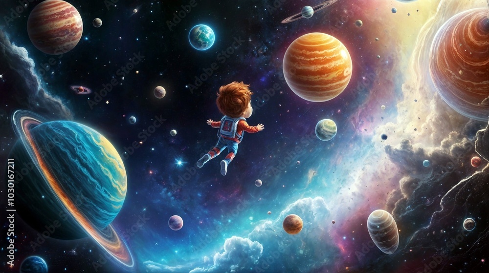 A young child floating dreamily through space, surrounded by planets and stars. A whimsical, imaginative illustration of space exploration, perfect for children's books or educational content A young child floating dreamily through space, surrounded by planets and stars. A whimsical, imaginative illustration of space exploration, perfect for children's books or educational content