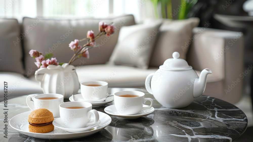 A table set with teacups, teapot and a small cake. A table set with teacups, teapot and a small cake.
