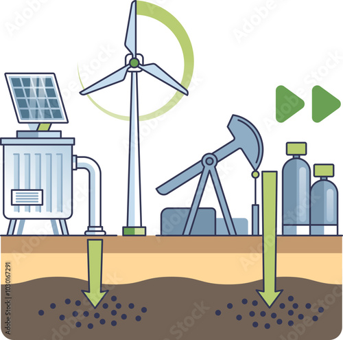Illustration of carbon capture with solar panels, wind turbine, and storage tanks.