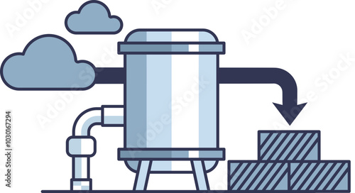 Illustration of carbon capture and storage in bricks, featuring a tank, clouds, and bricks.