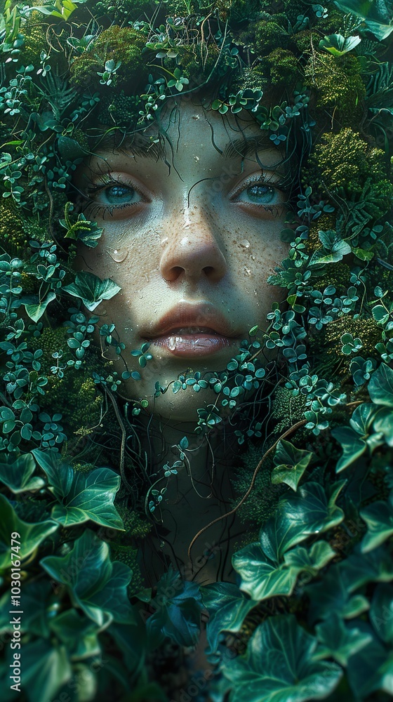 Woman's Face Emerging from Lush Greenery - A Surreal Portrait Woman's Face Emerging from Lush Greenery - A Surreal Portrait