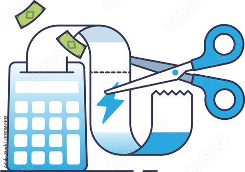 Calculator, scissors, and receipt symbolize cutting electric costs.