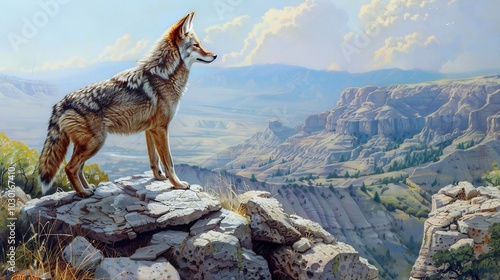 Coyote on a Rocky Peak,  Gazing over a Canyon Landscape photo