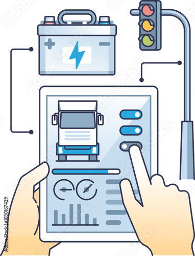 Tablet with fleet management app, truck icon, battery, and traffic light symbolize efficient vehicle monitoring.