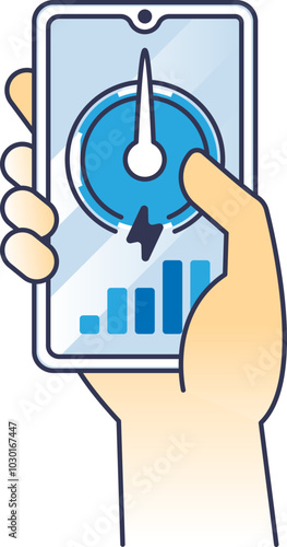 Hand holding a phone displaying an energy usage app with a gauge and bar chart.