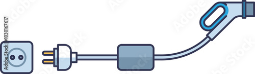 Illustration of a wall socket, plug, power brick, and car charger cable.