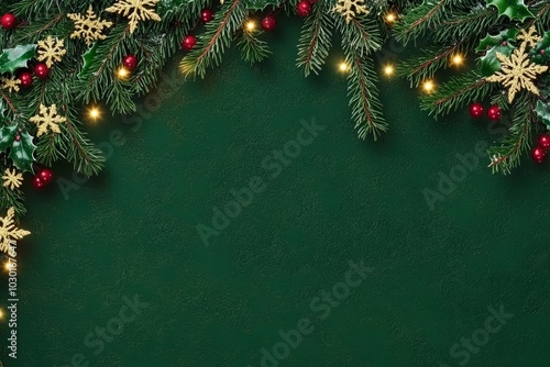 Pine branches with golden snowflakes, red berries, and glowing lights on a dark green background. photo