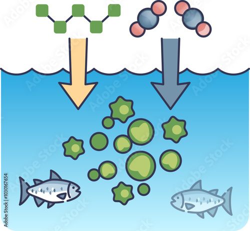 Illustration of sea microorganisms capturing carbon, with fish and chemical symbols.