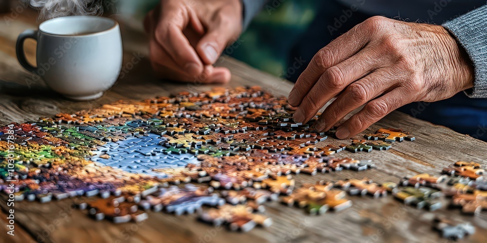 Person carefully assembles a colorful puzzle with a cup of coffee, creating a peaceful and mindful activity on a cozy afternoon. Person carefully assembles a colorful puzzle with a cup of coffee, creating a peaceful and mindful activity on a cozy afternoon.