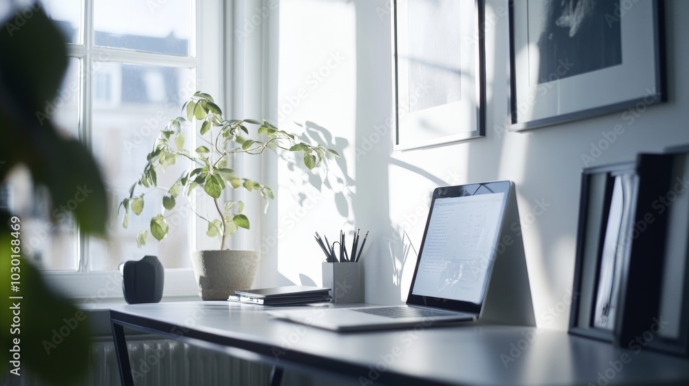 Bright and Serene Workspace with Laptop and Green Plant by the Window Bright and Serene Workspace with Laptop and Green Plant by the Window
