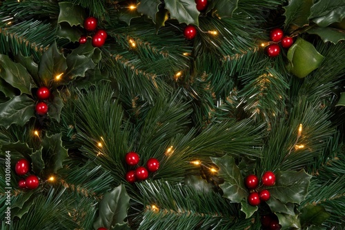 Christmas pine branches artificial holly leaves with red berries, pinecones, and glowing lights on a dark background.