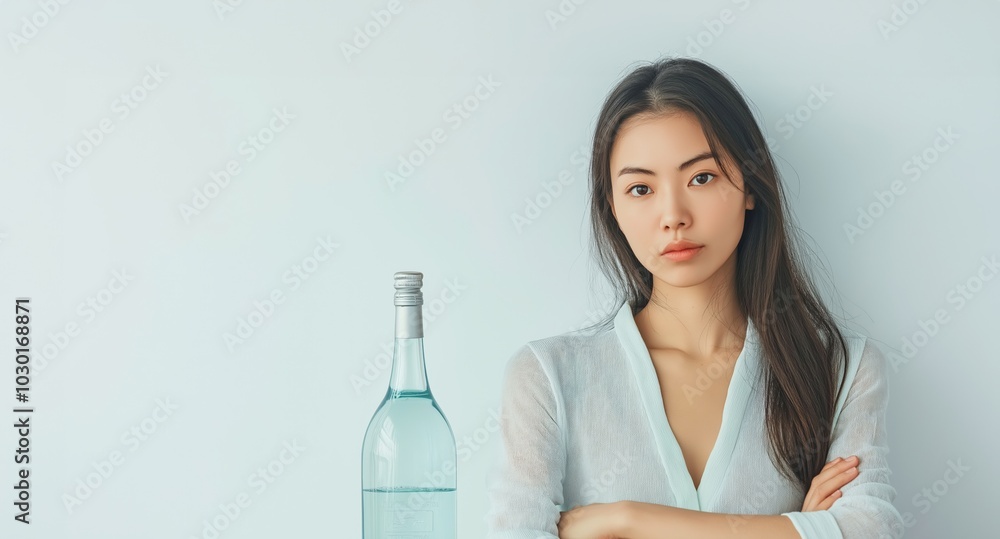 Asian serious woman standing next to a bottle of water, arms crossed, white background, representing a choice of sobriety and health, simple and clean composition, selective focus

