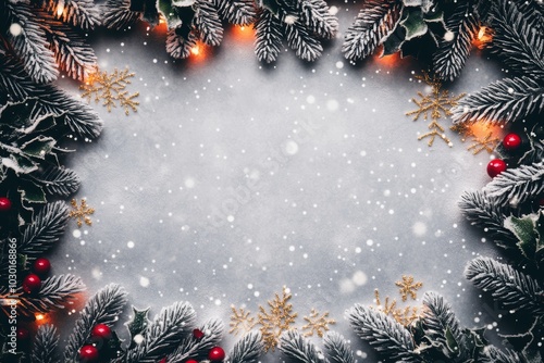 Snowy pine branches with red berries and golden snowflakes framing a frosted white background.