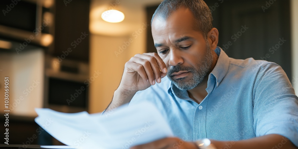 A man is sitting at a table reading a piece of paper. He is deep in thought, possibly contemplating an important decision or problem. Concept of seriousness and concentration A man is sitting at a table reading a piece of paper. He is deep in thought, possibly contemplating an important decision or problem. Concept of seriousness and concentration