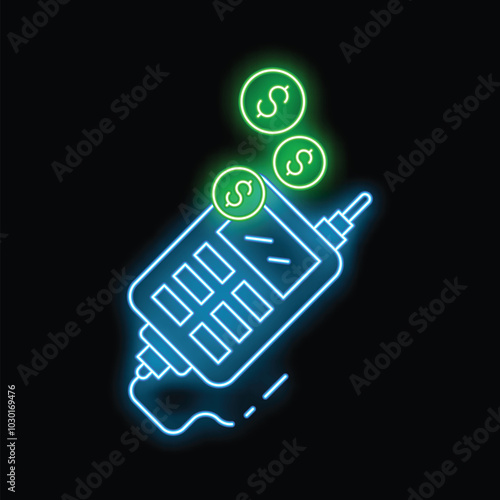 Neon pos terminal accepting contactless payment with dollar coins flying over it