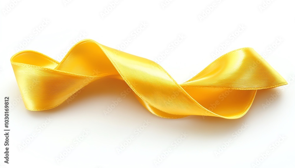 A vibrant yellow twisted ribbon isolated on a clean white background, showcasing its glossy texture and elegant curves, perfect for graphic design and decoration A vibrant yellow twisted ribbon isolated on a clean white background, showcasing its glossy texture and elegant curves, perfect for graphic design and decoration