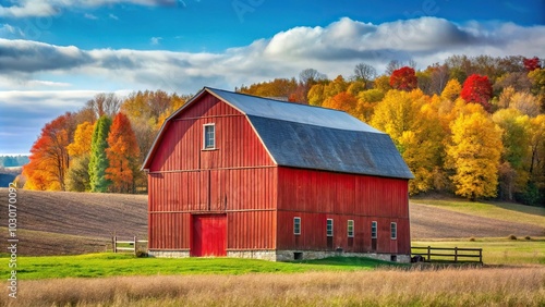 Minimalist red barn in autumn countryside Dalton Ohio