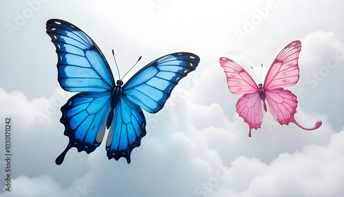 blue butterfly with large wings and a pink butterfly