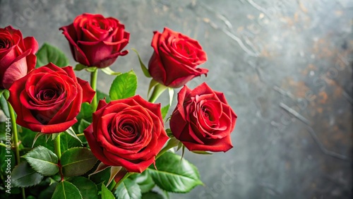 Minimalist red roses flowers in the garden surrounded by fresh green leaves