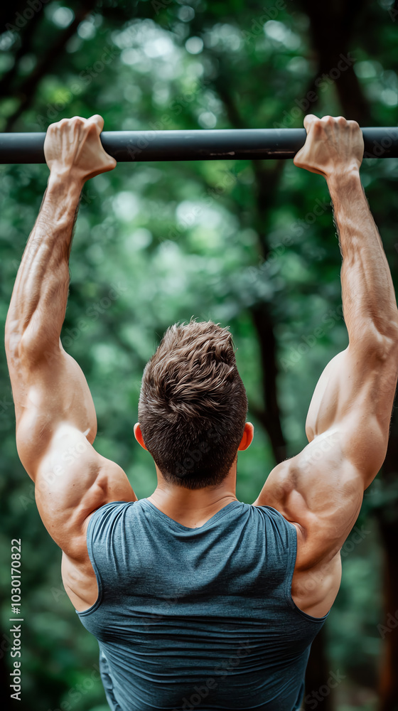 Man exercising with pull-up bar outdoors Man exercising with pull-up bar outdoors