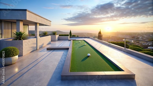 Minimalist rooftop miniature golf course on villa photo