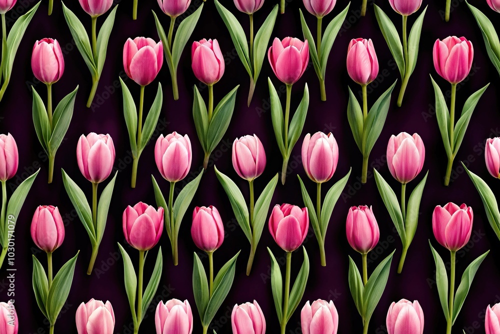 Minimalist seamless pattern with pink tulips flowers on black background Minimalist seamless pattern with pink tulips flowers on black background