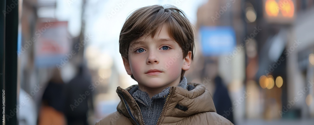 Fototapeta premium A young boy with brown hair and blue eyes in a city street.