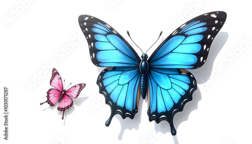 blue butterfly with large wings and a pink butterfly