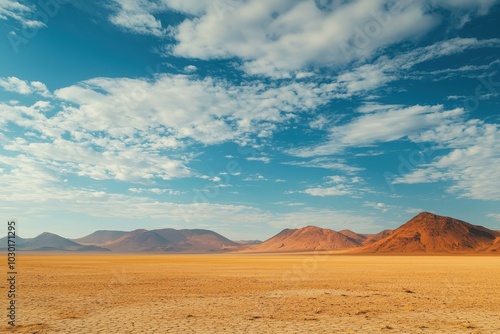 Arid desert landscape with cracked earth, distant mountains, and a blue sky filled with scattered clouds