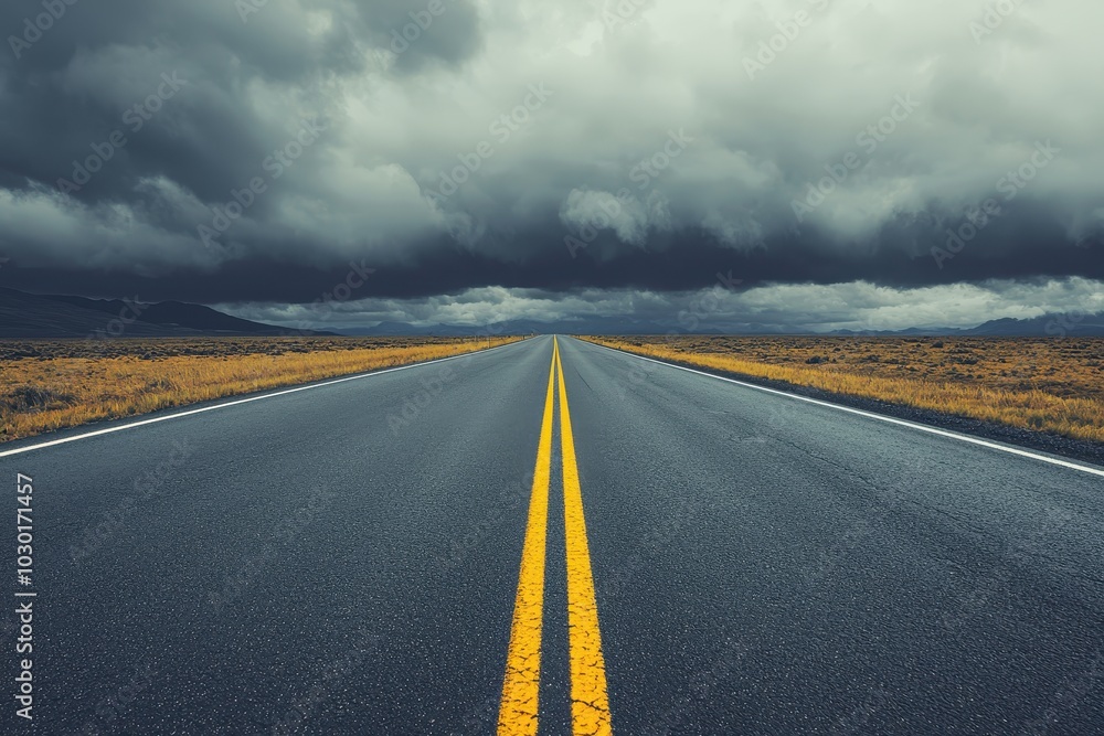 Empty highway with yellow road markings stretching into the horizon under dark storm clouds Empty highway with yellow road markings stretching into the horizon under dark storm clouds