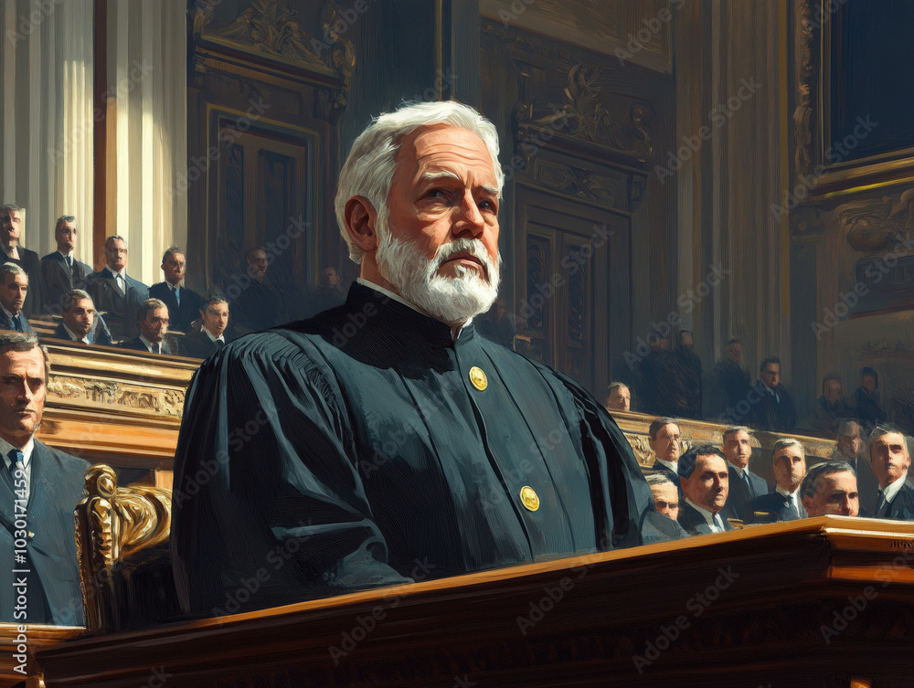 Detailed Digital Painting of a Presiding Judge in Court Detailed Digital Painting of a Presiding Judge in Court