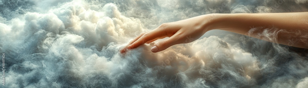 Hand gently touching soft clouds in a surreal atmospheric scene evoking tranquility and imagination Hand gently touching soft clouds in a surreal atmospheric scene evoking tranquility and imagination