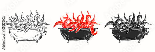 Octopus tentacles emerge from bathroom. Hand drawn vector art in sketch style. Creative fashion illustration for print, tattoo.