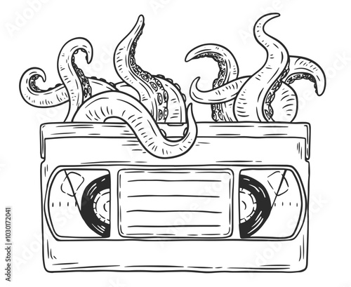 Octopus tentacles emerge from vhs video cassette. Hand drawn vector art in sketch style. Creative fashion illustration for print, tattoo.