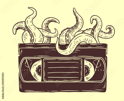 Octopus tentacles emerge from vhs video cassette. Hand drawn vector art in sketch style. Creative fashion illustration for print, tattoo.