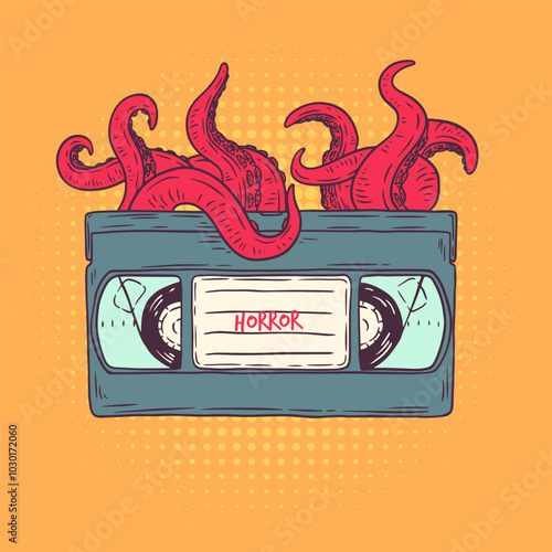 Octopus tentacles emerge from vhs video cassette. Hand drawn vector art in sketch style. Creative fashion illustration for print, tattoo.