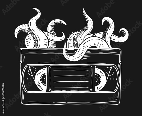 Octopus tentacles emerge from vhs video cassette. Hand drawn vector art in sketch style. Creative fashion illustration for print, tattoo.