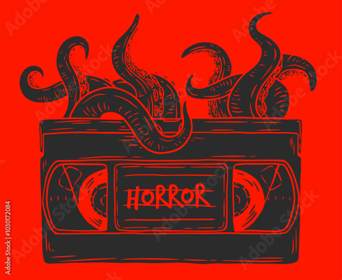 Octopus tentacles emerge from vhs video cassette. Hand drawn vector art in sketch style. Creative fashion illustration for print, tattoo.