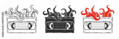 Octopus tentacles emerge from vhs video cassette. Hand drawn vector art in sketch style. Creative fashion illustration for print, tattoo.