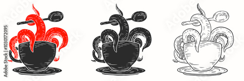 Octopus tentacles emerge from coffee or tea cup. Hand drawn vector art in sketch style. Creative fashion illustration for print, tattoo.