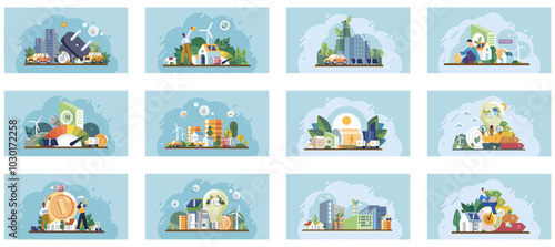 Sustainability concept. Multiple scenes of city life and nature integration showing green buildings, urban farming, renewable energy, eco-friendly transportation, and recycling. Ideal for urban photo