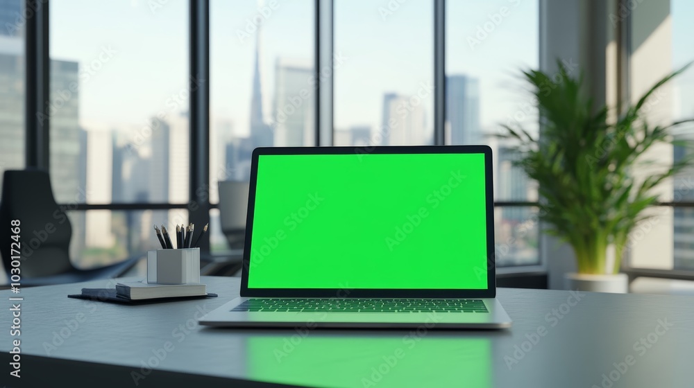 Laptop with Green Screen on Modern Desk in Office Laptop with Green Screen on Modern Desk in Office