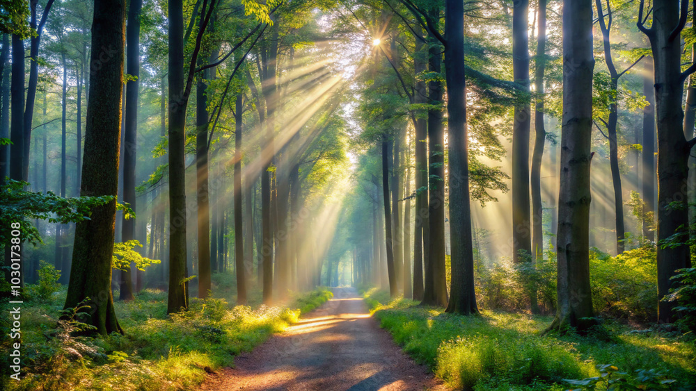 Fototapeta premium morning in the forest. forest, trees, tree, sun, autumn, nature, fog, light, mist, landscape, misty, woods, sunlight, morning, path, green, sunrise, foggy, woodland, park, wood, fall, pine, summer, fo