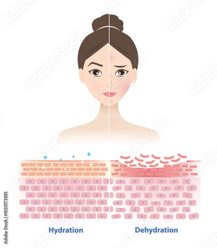 Comparison of healthy and dry skin on woman face vector illustration. Cross section of skin barrier layer hydration, attract, absorb water, moisture and the skin lacks water in the uppermost layer.